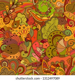 Tracery seamless pattern. Mehndi design. Ethnic colorful doodle texture. Curved doodling background. Vector