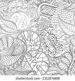 Tracery seamless pattern. Mehndi design. Ethnic monochrome binary doodle texture. Curved doodling black and white background. Vector