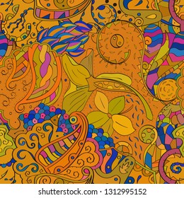 Tracery seamless pattern. Mehndi design. Ethnic colorful doodle texture. Curved doodling background. Vector