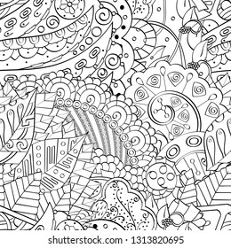 Tracery seamless pattern. Mehndi design. Ethnic monochrome binary doodle texture. Curved doodling black and white background. Vector