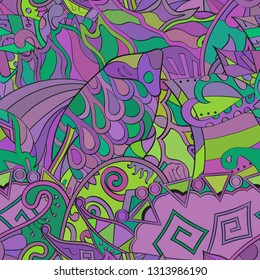 Tracery seamless pattern. Mehndi design. Ethnic colorful doodle texture. Curved doodling background. Vector