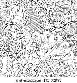 Tracery seamless pattern. Mehndi design. Ethnic monochrome binary doodle texture. Curved doodling black and white background. Vector