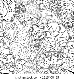Tracery seamless pattern. Mehndi design. Ethnic monochrome binary doodle texture. Curved doodling black and white background. Vector