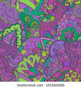 Tracery seamless pattern. Mehndi design. Ethnic colorful doodle texture. Curved doodling background. Vector