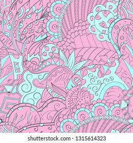 Tracery seamless pattern. Mehndi design. Ethnic colorful doodle texture. Curved doodling background. Vector