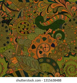 Tracery seamless pattern. Mehndi design. Ethnic colorful doodle texture. Curved doodling background. Vector