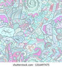 Tracery seamless pattern. Mehndi design. Ethnic colorful doodle texture. Curved doodling background. Vector