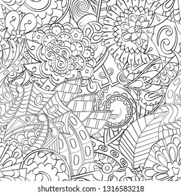 Tracery seamless pattern. Mehndi design. Ethnic monochrome binary doodle texture. Curved doodling black and white background. Vector
