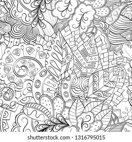 Tracery seamless pattern. Mehndi design. Ethnic monochrome binary doodle texture. Curved doodling black and white background. Vector