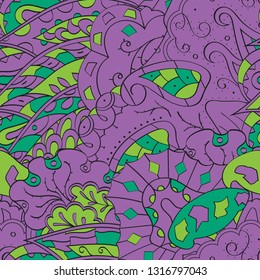 Tracery seamless pattern. Mehndi design. Ethnic colorful doodle texture. Curved doodling background. Vector