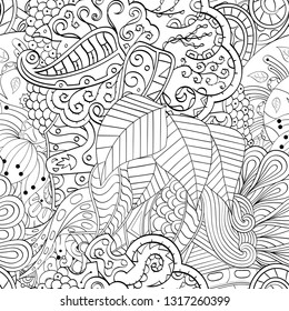 Tracery seamless pattern. Mehndi design. Ethnic monochrome binary doodle texture. Curved doodling black and white background. Vector