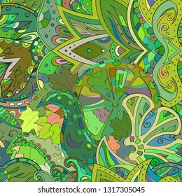Tracery seamless pattern. Mehndi design. Ethnic colorful doodle texture. Curved doodling background. Vector