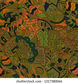 Tracery seamless pattern. Mehndi design. Ethnic colorful doodle texture. Curved doodling background. Vector