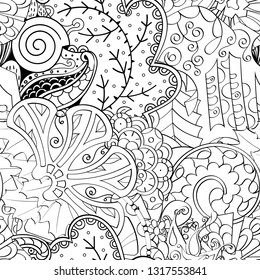 Tracery seamless pattern. Mehndi design. Ethnic monochrome binary doodle texture. Curved doodling black and white background. Vector