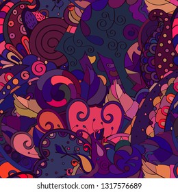 Tracery seamless pattern. Mehndi design. Ethnic colorful doodle texture. Curved doodling background. Vector