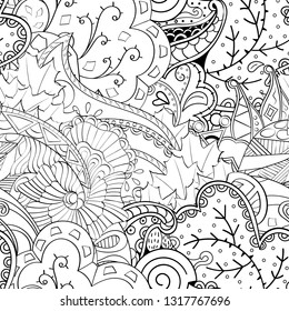 Tracery seamless pattern. Mehndi design. Ethnic monochrome binary doodle texture. Curved doodling black and white background. Vector