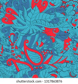 Tracery seamless pattern. Mehndi design. Ethnic colorful doodle texture. Curved doodling background. Vector