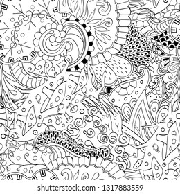 Tracery seamless pattern. Mehndi design. Ethnic monochrome binary doodle texture. Curved doodling black and white background. Vector