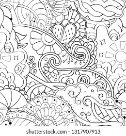Tracery seamless pattern. Mehndi design. Ethnic monochrome binary doodle texture. Curved doodling black and white background. Vector