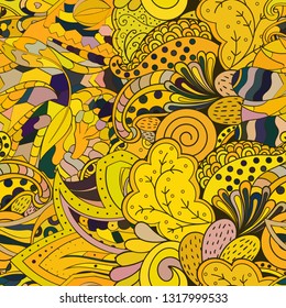 Tracery seamless pattern. Mehndi design. Ethnic colorful doodle texture. Curved doodling background. Vector