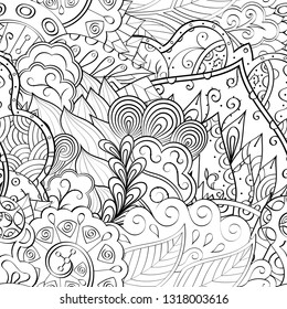 Tracery seamless pattern. Mehndi design. Ethnic monochrome binary doodle texture. Curved doodling black and white background. Vector