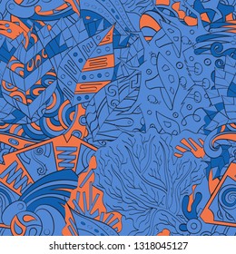 Tracery seamless pattern. Mehndi design. Ethnic colorful doodle texture. Curved doodling background. Vector