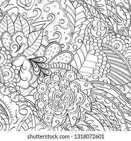 Tracery seamless pattern. Mehndi design. Ethnic monochrome binary doodle texture. Curved doodling black and white background. Vector