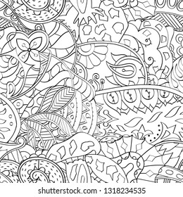 Tracery seamless pattern. Mehndi design. Ethnic monochrome binary doodle texture. Curved doodling black and white background. Vector