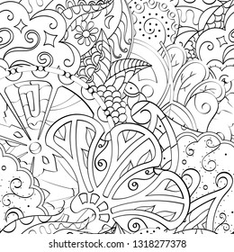 Tracery seamless pattern. Mehndi design. Ethnic monochrome binary doodle texture. Curved doodling black and white background. Vector