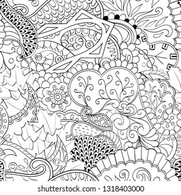 Tracery seamless pattern. Mehndi design. Ethnic monochrome binary doodle texture. Curved doodling black and white background. Vector