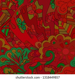 Tracery seamless pattern. Mehndi design. Ethnic colorful doodle texture. Curved doodling background. Vector