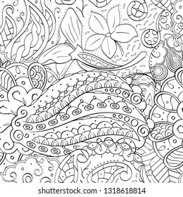 Tracery seamless pattern. Mehndi design. Ethnic monochrome binary doodle texture. Curved doodling black and white background. Vector