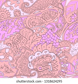 Tracery seamless pattern. Mehndi design. Ethnic colorful doodle texture. Curved doodling background. Vector