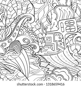 Tracery seamless pattern. Mehndi design. Ethnic monochrome binary doodle texture. Curved doodling black and white background. Vector