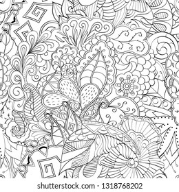 Tracery seamless pattern. Mehndi design. Ethnic monochrome binary doodle texture. Curved doodling black and white background. Vector