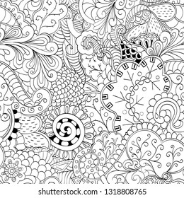 Tracery seamless pattern. Mehndi design. Ethnic monochrome binary doodle texture. Curved doodling black and white background. Vector