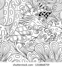 Tracery seamless pattern. Mehndi design. Ethnic monochrome binary doodle texture. Curved doodling black and white background. Vector