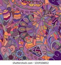 Tracery seamless pattern. Mehndi design. Ethnic colorful doodle texture. Curved doodling background. Vector