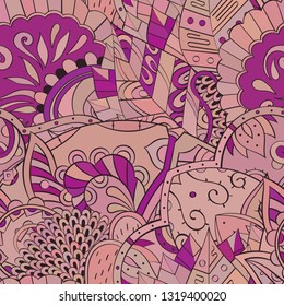 Tracery seamless pattern. Mehndi design. Ethnic colorful doodle texture. Curved doodling background. Vector