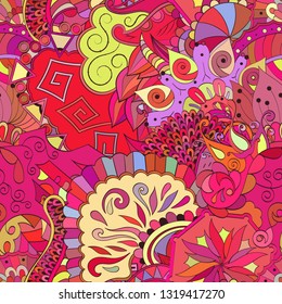 Tracery seamless pattern. Mehndi design. Ethnic colorful doodle texture. Curved doodling background. Vector