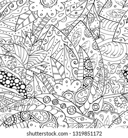 Tracery seamless pattern. Mehndi design. Ethnic monochrome binary doodle texture. Curved doodling black and white background. Vector