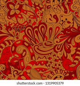Tracery seamless pattern. Mehndi design. Ethnic colorful doodle texture. Curved doodling background. Vector