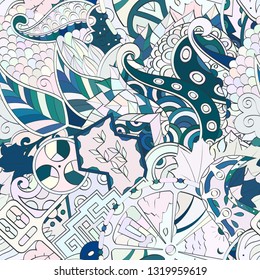 Tracery seamless pattern. Mehndi design. Ethnic colorful doodle texture. Curved doodling background. Vector