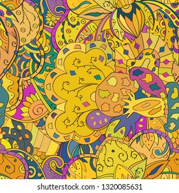Tracery seamless pattern. Mehndi design. Ethnic colorful doodle texture. Curved doodling background. Vector