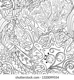Tracery seamless pattern. Mehndi design. Ethnic monochrome binary doodle texture. Curved doodling black and white background. Vector
