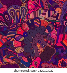 Tracery seamless pattern. Mehndi design. Ethnic colorful doodle texture. Curved doodling background. Vector