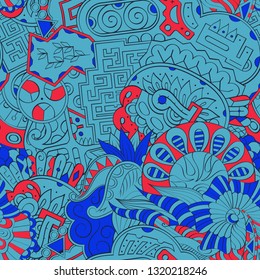 Tracery seamless pattern. Mehndi design. Ethnic colorful doodle texture. Curved doodling background. Vector
