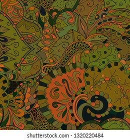 Tracery seamless pattern. Mehndi design. Ethnic colorful doodle texture. Curved doodling background. Vector