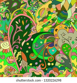 Tracery seamless pattern. Mehndi design. Ethnic colorful doodle texture. Curved doodling background. Vector