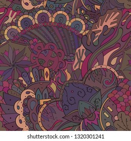 Tracery seamless pattern. Mehndi design. Ethnic colorful doodle texture. Curved doodling background. Vector